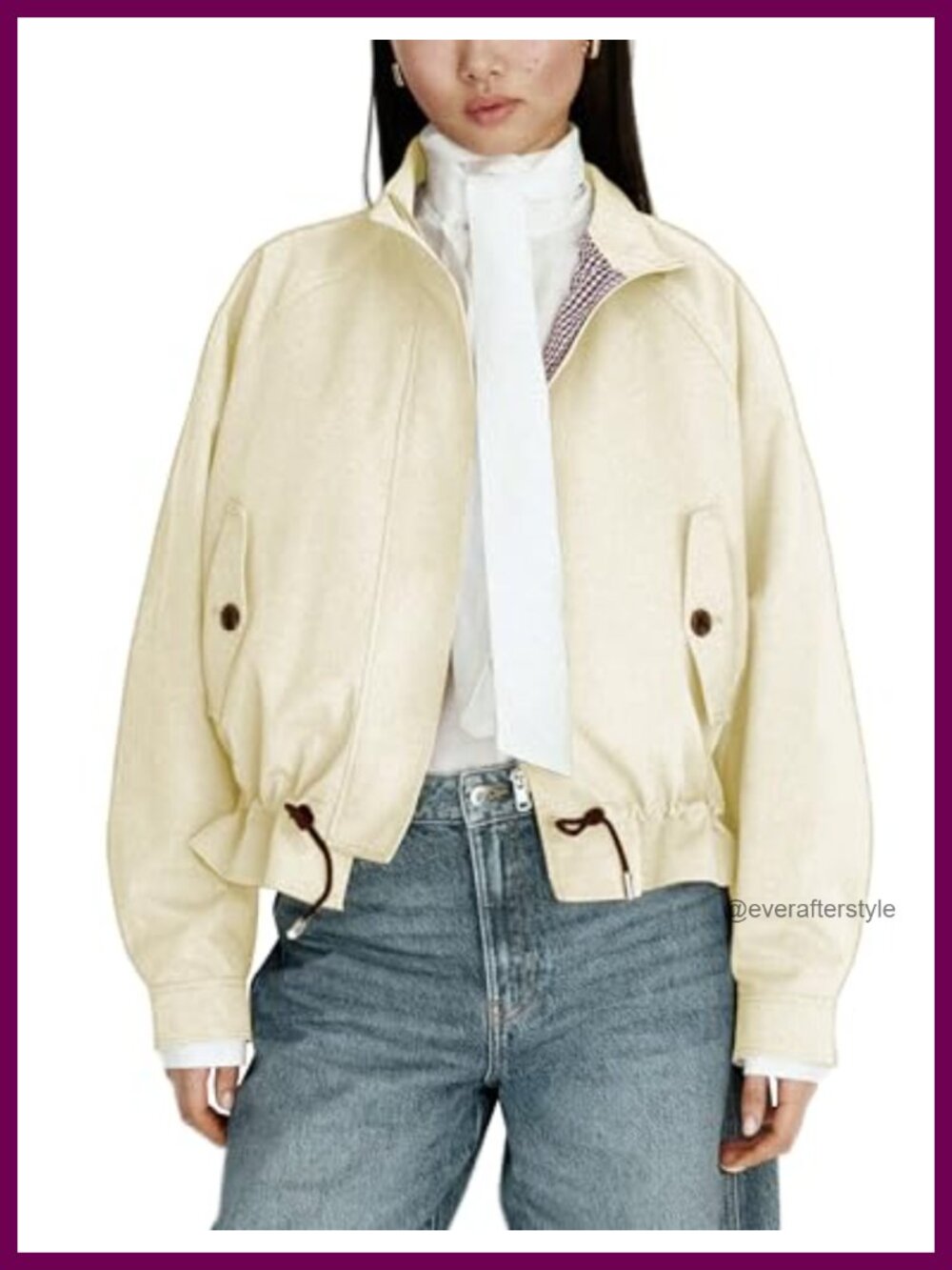 Women's Cotton Casual Jacket Drawstring Waist Zip Stand Collar
